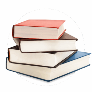 A stack of four hardcover books with various colored spines.