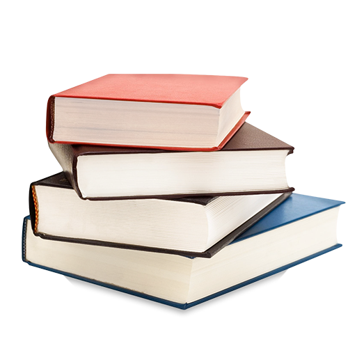 A stack of four hardcover books with various colored spines.