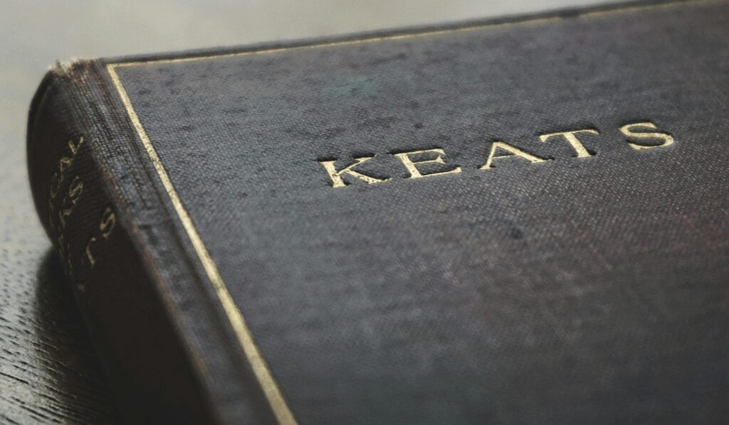Close-up of metallic gold foil stamped lettering on a textured navy blue hardcover book.