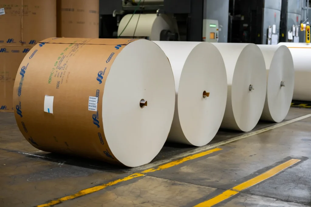 Large rolls of responsibly sourced and eco-friendly paper for industrial book printing.